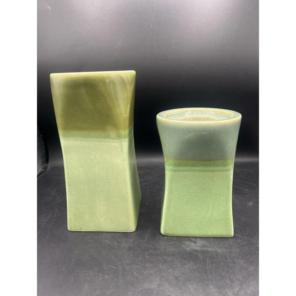 PartyLite Nature’s Garden Green Crackle Glaze Ceramic Candle Holders Set of 2